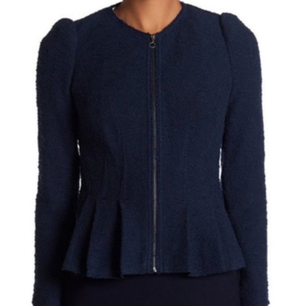EUC - Rebecca Taylor 6 Zip Front Boucle Tweed Puff Sleeve Jacket - Navy - size 2